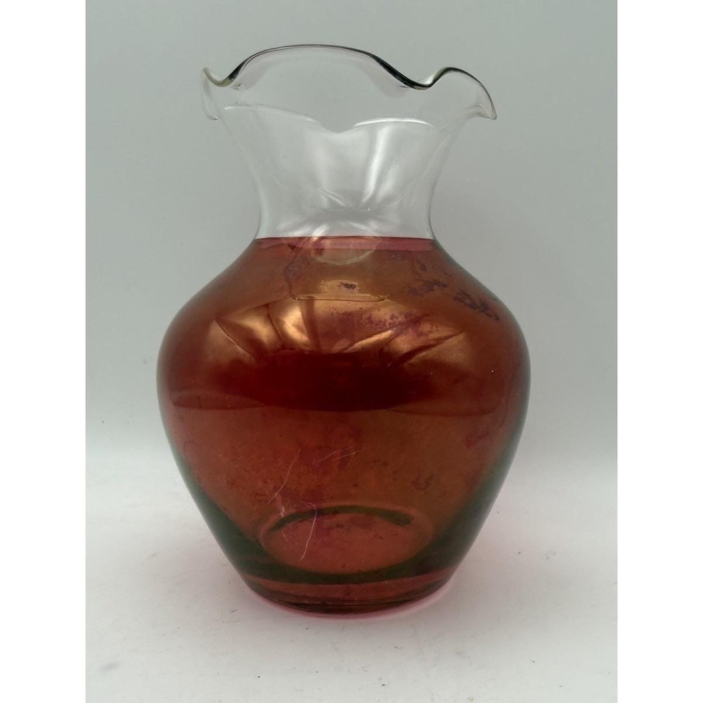 Vintage Cranberry Red Iridescent Art Glass Vase Ruffled Clear Rim 4" Tall